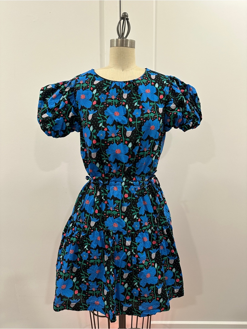 Black Floral Puff-Sleeve Mini Dress with Blue Blooms
